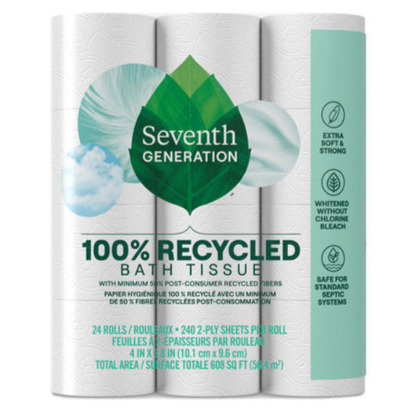 24-roll package of Seventh Generation 2-Ply Bathroom Tissue, crafted from 100% recycled paper with a green leaf design. Its extra soft and strong, whitened without chlorine bleach, FSC certified for sustainability, safe for septic systems, with each roll containing 240 sheets.