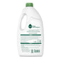 A white Seventh Generation Dishwasher Gel bottle with a green cap features a back label showcasing its eco-friendly enzyme formula to tackle tough food messes, along with ingredients and recycling information for conscientious consumers.