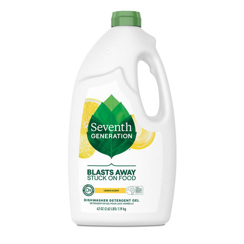 The Seventh Generation Dishwasher Gel is a white bottle with a green leaf logo, contains 42 oz of lemon-scented gel with an enzyme formula for superior cleaning, and features the phrase Blasts away tough food messes. It includes a green cap.