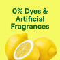 A vibrant yellow backdrop with whole and halved lemons is topped with bold green text stating, 0% Dyes & Artificial Fragrances. Seventh Generations Dishwasher Gel uses an enzyme formula to easily tackle tough food messes.
