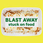 A stained baking dish with baked-on food remnants is shown with Blast Away Tough Food Messes overlaid. Seventh Generations Dishwasher Gel uses an enzyme formula to tackle tough residues, set against a bright yellow background.