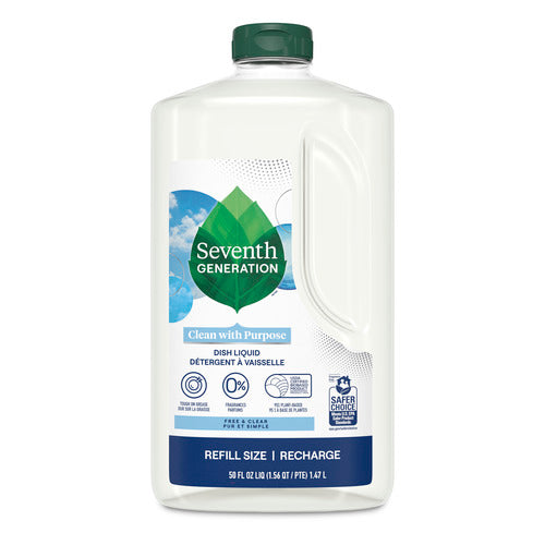 A 50 fl oz bottle of Seventh Generation Dish Soap Refill, Clean with Purpose, features plant leaf imagery, a green cap, and offers hypoallergenic, eco-friendly, non-toxic, fragrance-free, and dye-free benefits.