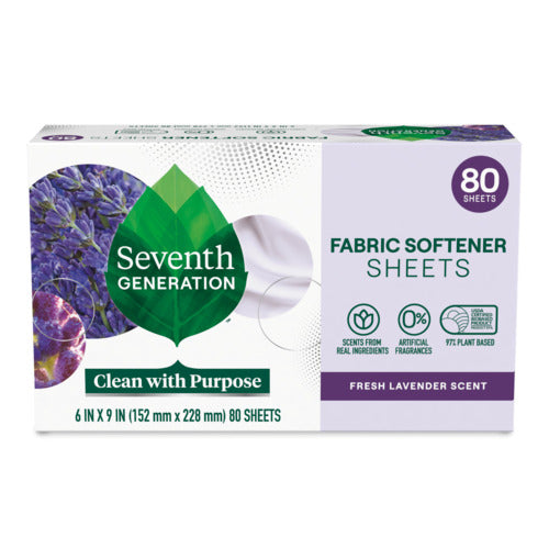 Seventh Generation Fabric Softener Sheets, Fresh Lavender scent, 80 count—features green leaf logo and lavender flowers, is plant-based, and Certified B Corporation.