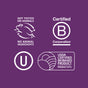 Four certification symbols on a purple background—Cruelty-Free, Certified B Corporation, U symbol, and USDA Certified Biobased Product 97%—highlight the plant-based ingredients in Seventh Generation Fabric Softener Sheets.