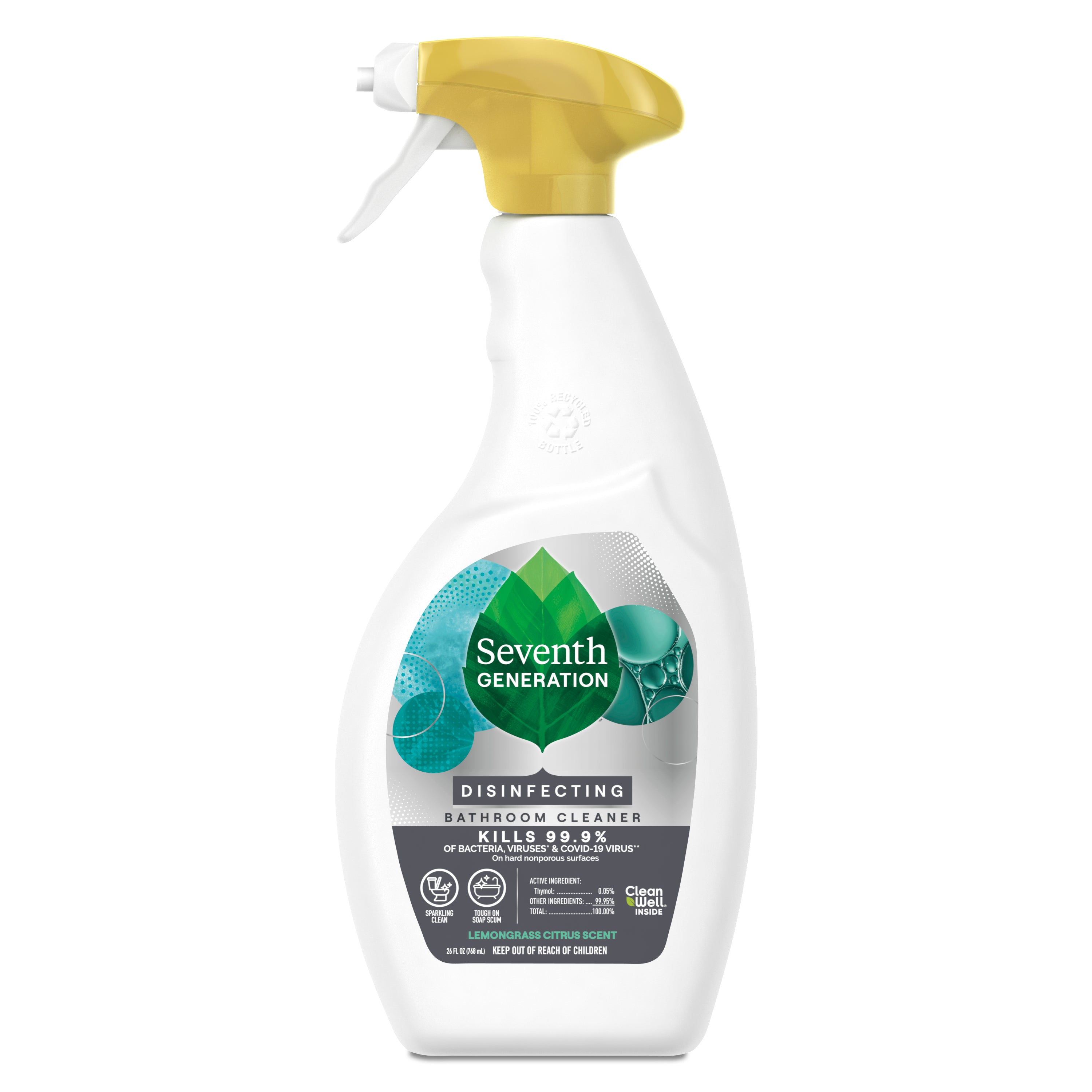 Seventh Generation Disinfecting Bathroom Cleaner comes in a white spray bottle with a yellow nozzle and green label, featuring plant-powered thymol to kill 99.9% of germs as a botanical disinfectant.
