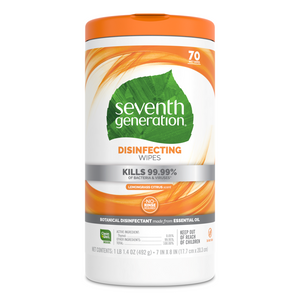 A cylindrical container of Seventh Generation Multi-Surface Disinfecting Wipes in lemongrass citrus scent kills 99.99% of bacteria and viruses. Contains 70 wipes. White packaging features orange and green accents.