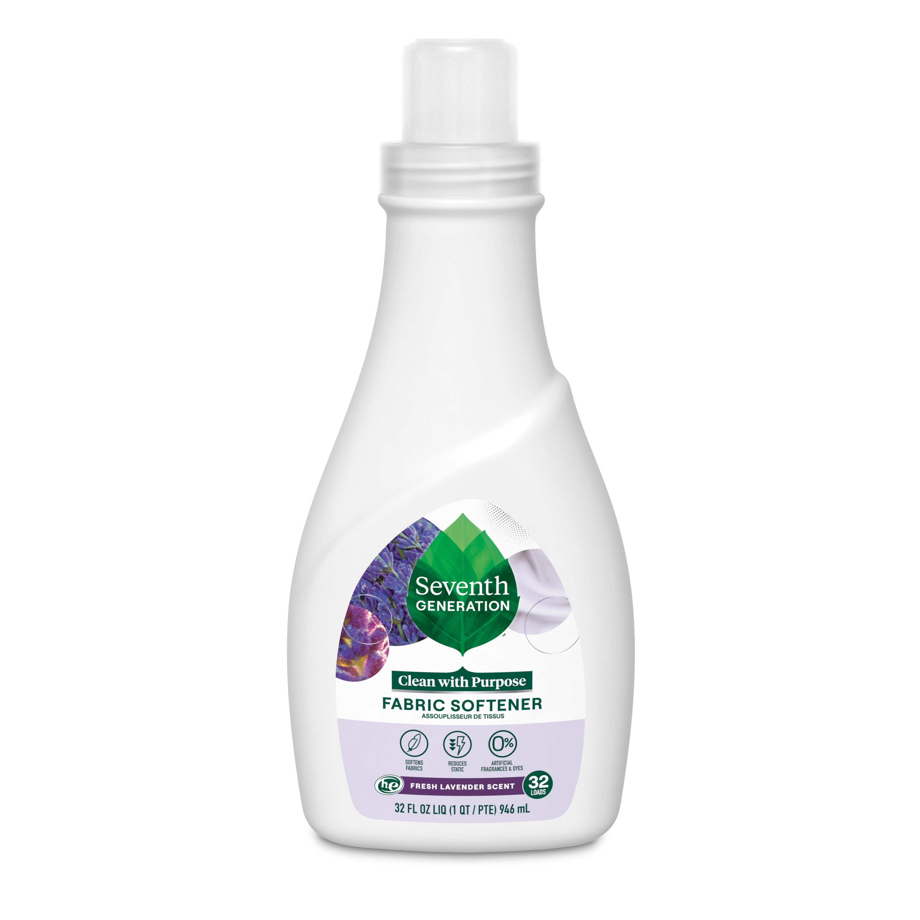 A white Seventh Generation Liquid Fabric Softener bottle in Fresh Lavender Scent with a lavender image on the label, marked for 32 loads, 32 fl oz (946 mL), and displaying eco-friendly certifications.