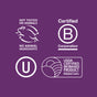 Four white certification symbols on purple: Not Tested on Animals/No Animal Ingredients with a rabbit, Certified B Corporation, kosher U, USDA Certified Biobased Product 84%. Seventh Generation Liquid Fabric Softener is non-toxic.