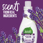 A bottle of Seventh Generation Liquid Fabric Softener sits among lavender sprigs. Text on a purple background says, Non-toxic scents from real ingredients.