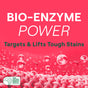 On a red background, BIO-ENZYME POWER highlights Seventh Generations Concentrated Laundry Detergent with a triple-enzyme formula for tough stains. Bubbles and fabric texture appear below, alongside a USDA Certified Biobased Product 95% logo, showcasing its eco-friendly qualities.