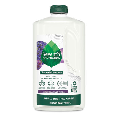 Seventh Generation Dish Soap Refill, 50 fl oz with a green cap, labeled “Clean with Purpose.” This hypoallergenic soap is free of dyes and fragrances and comes in lavender, mint & eucalyptus scents.
