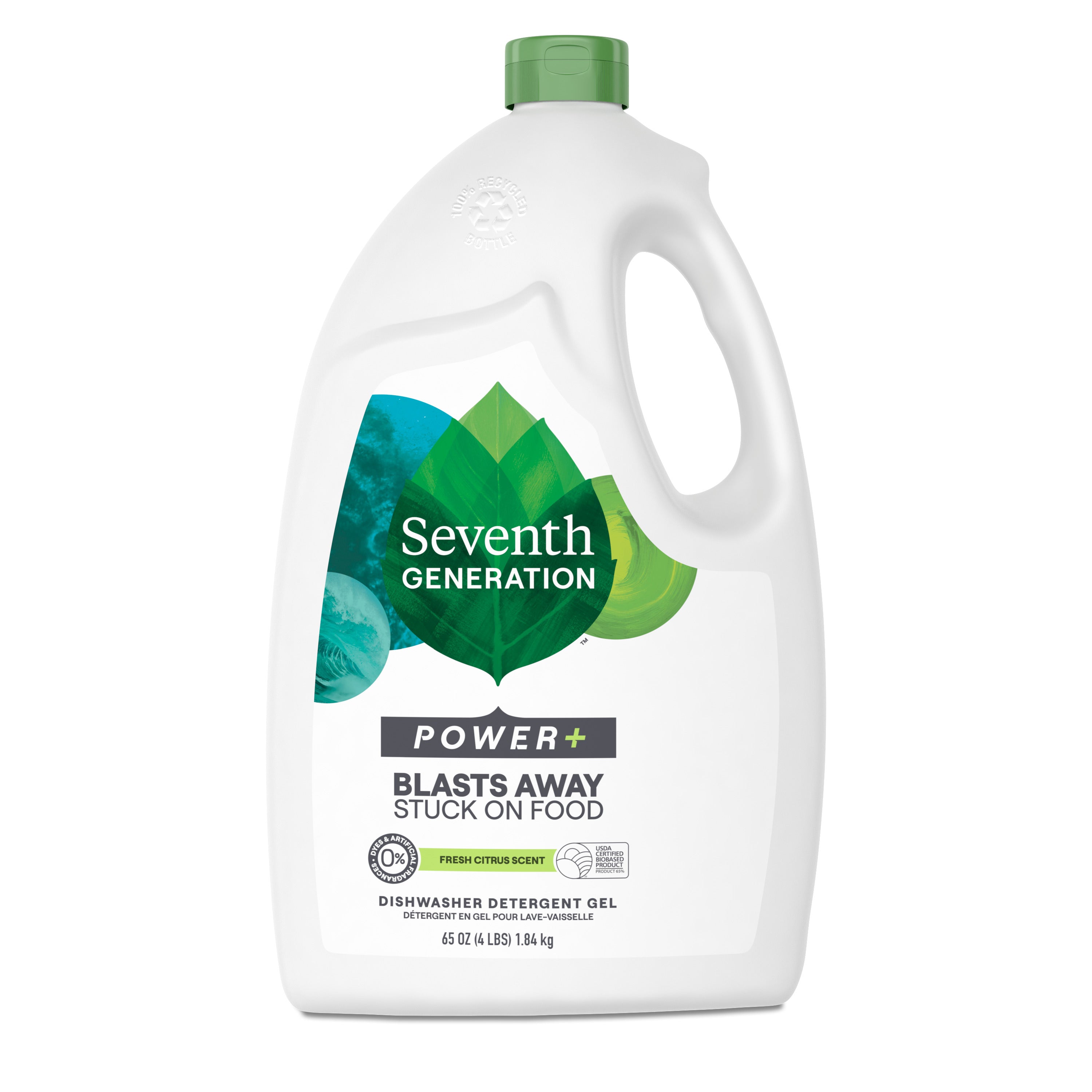 A 65 oz white bottle of Seventh Generation Dishwasher Gel Power Plus with green cap, featuring green leaves, cleaning enzymes, a fresh citrus scent, and USDA Certified Biobased Product labeling on the front.