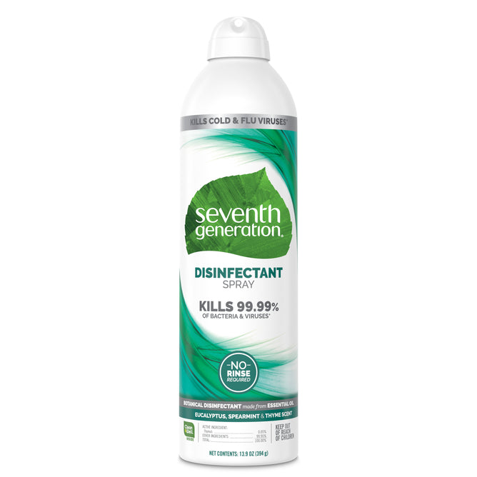 A can of Seventh Generation Disinfectant Spray kills 99.99% of bacteria and viruses on nonporous surfaces, featuring eucalyptus, spearmint, and thyme scents in a white and green label.