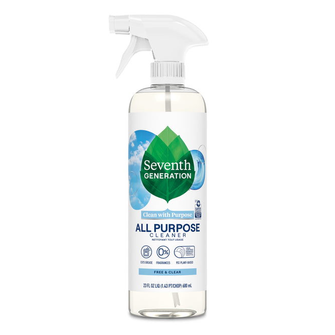 A spray bottle of Seventh Generation All Purpose Cleaner, marked with a green leaf logo, features plant-based agents and a fragrance-free formula for a streak-free shine. Its perfect for cleaning without dyes or phosphates and chứa clear liquid.