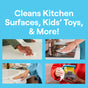 A blue graphic features four images: hands cleaning a counter, stovetop, sink, and toy. The text highlights Seventh Generation All Purpose Cleaner, stating it Cleans Kitchen Surfaces, Kids’ Toys, & More! using plant-derived agents for effective cleaning.