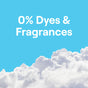 Text 0% Dyes & Fragrances is displayed in white over a bright blue sky with fluffy clouds, highlighting Seventh Generations plant-derived cleaning agents in the All Purpose Cleaner for household surfaces.