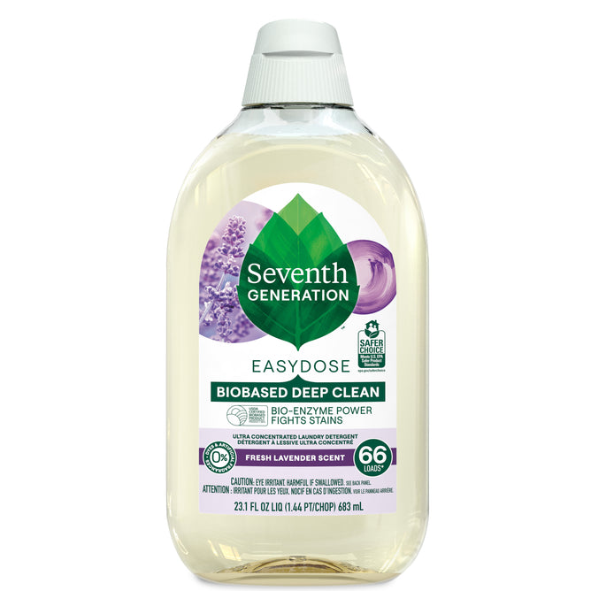 A 23.1 fl oz clear plastic bottle of Seventh Generation Ultra Concentrated Laundry Detergent, Fresh Lavender scent, with a green label and purple lavender image; enough for 66 loads.