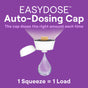 A white auto-dosing cap with a droplet is shown on a purple background. Text: EASYDOSE Auto-Dosing Cap for Seventh Generation Ultra Concentrated Laundry Detergent. 1 Squeeze = 1 Load.