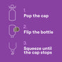 Illustration on purple shows how to use Seventh Generation Ultra Concentrated Laundry Detergent: 1. Pop the cap, 2. Flip the bottle, 3. Squeeze until the cap stops—steps shown with simple line drawings.
