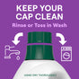 A green bottle cap contrasts with a purple background. White text reads KEEP YOUR CAP CLEAN, and pink text instructs Rinse or Toss in Wash, alongside faucet and washing machine icons. Perfectly complements Seventh Generations Concentrated Laundry Detergent for optimal cleanliness.