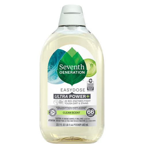 A bottle of Seventh Generation Ultra Concentrated Laundry Detergent (clean scent) delivers 66 loads, uses 4x bio-enzymes for tough stains, and is Safer Choice certified.