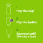 Step-by-step on a green background: 1. Open Ultra Concentrated Laundry Detergent by Seventh Generation, 2. Flip bottle upside down, 3. Squeeze until cap stops—all shown with simple line drawings.