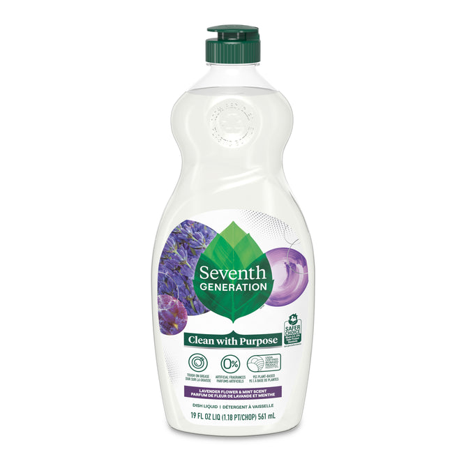 A 19 fl oz (561 ml) bottle of Seventh Generation Dish Soap in lavender and mint scent includes essential oils, features lavender and mint images, and highlights eco-friendly and septic-safe claims. The packaging is a white bottle with green accents.