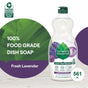 Seventh Generation Dish Soap image (561 ml) shows Clean with Purpose in Fresh Lavender scent. Label has lavender flowers, Safer Choice endorsement, and highlights septic-safe formula. Text: 100% Food Grade Dish Soap. Background includes green and lavender elements with essential oils.