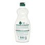 Back view of a white Seventh Generation Dish Soap bottle with a green cap, featuring an essential oils fragrance label, product details, usage instructions, recycling symbols, and highlighting its biodegradable formula.
