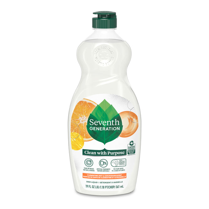 A bottle of Seventh Generation Dish Soap with a white and orange label featuring citrus and honey graphics. It reads Clean with Purpose, emphasizing its biodegradable formula, essential oils fragrance, and absence of synthetic fragrances and dyes.