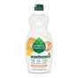 A bottle of Seventh Generation Dish Soap with a white and orange label featuring citrus and honey graphics. It reads Clean with Purpose, emphasizing its biodegradable formula, essential oils fragrance, and absence of synthetic fragrances and dyes.