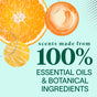 A lively graphic of an orange slice with orange and yellow swirls features text stating Scents made from 100% essential oils & botanical ingredients on a light teal dotted background, echoing the purity commitment of Seventh Generation Dish Soap.