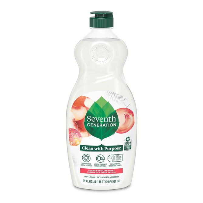 The Seventh Generation Dish Soap bottle, with its apple scent design, features a transparent body and green cap, highlighting eco-friendly details. Dye-free and USDA-certified biobased, it reads Clean with Purpose and contains 19 fl oz (561 ml).