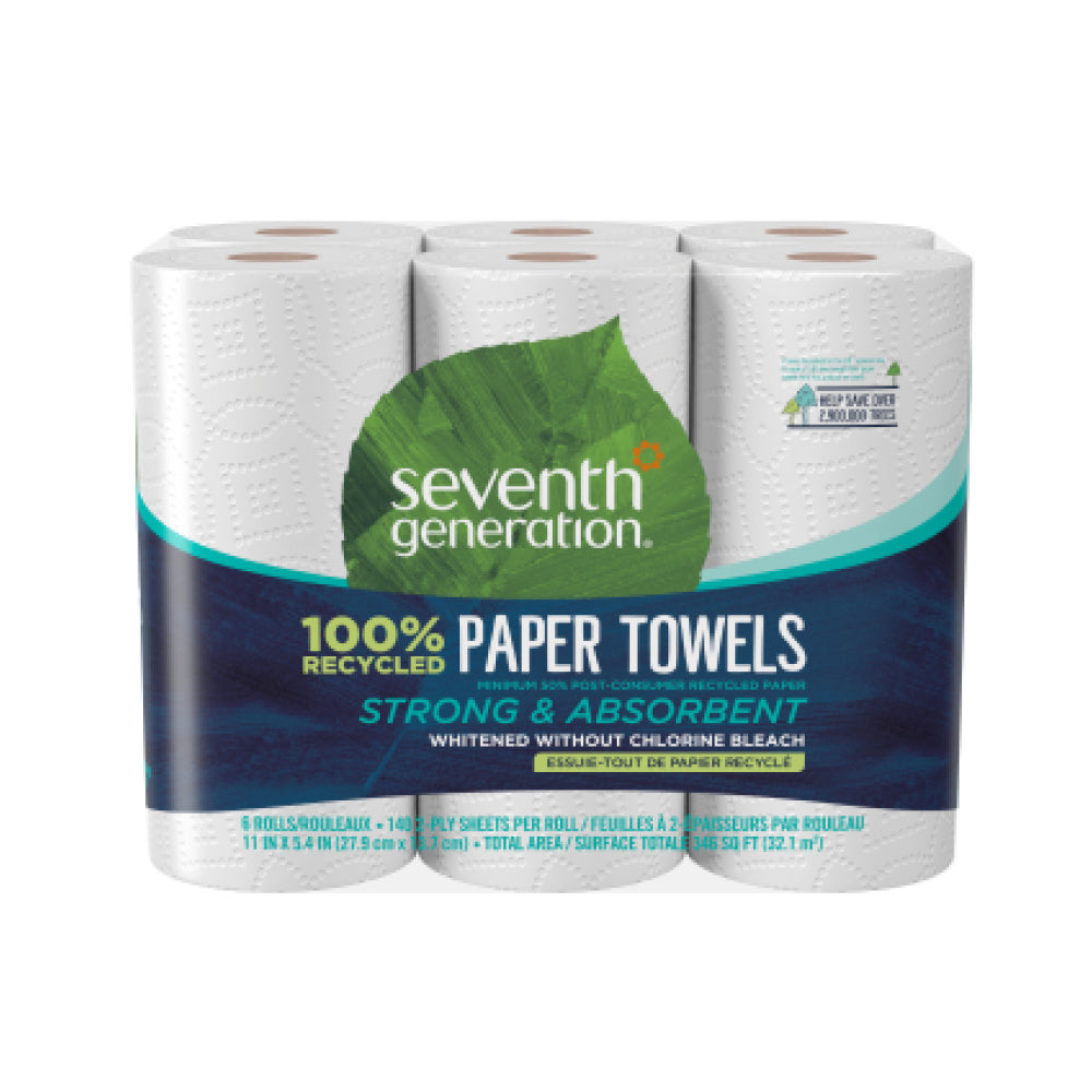 Seventh Generation Paper Towel, 140 sheets per roll, comes in a six-pack with green and blue packaging. Made from 100% recycled paper, its labeled Strong & Absorbent and whitened without chlorine bleach for an eco-friendly choice.