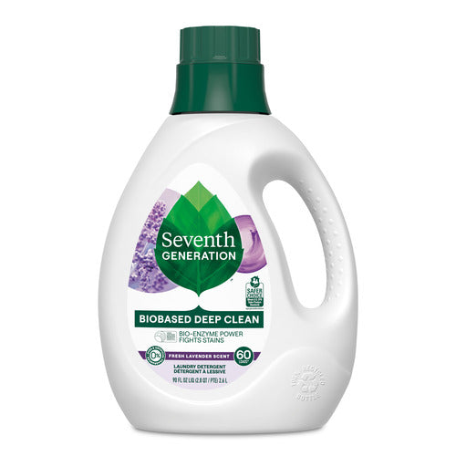 A white bottle of Seventh Generation Liquid Laundry Detergent with a green cap and label, featuring lavender images, a fresh lavender scent, natural ingredients, and enough for 60 loads per bottle.
