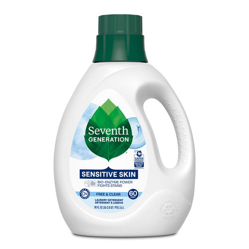 A white bottle of Seventh Generation Liquid Laundry Detergent with a green cap and handle, featuring a free & clear formula for sensitive skin, natural ingredients, 60 loads per bottle, and Certified B Corporation.