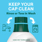 A bottle of Seventh Generation Liquid Laundry Detergent with a green cap is shown. Text: KEEP YOUR CAP CLEAN – Rinse or machine wash, then hand dry. Now made with natural ingredients. Faucet and washing machine icons appear next to the cap.