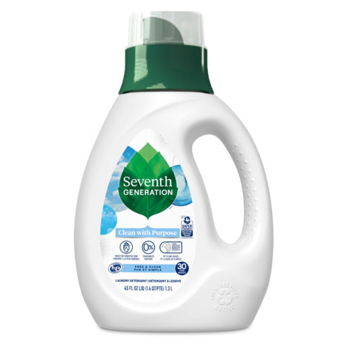 A white bottle of Seventh Generation Liquid Laundry Detergent features a green cap, handle, and leaf logo. This 2x Concentrate detergent emphasizes its eco-friendly qualities on the label.