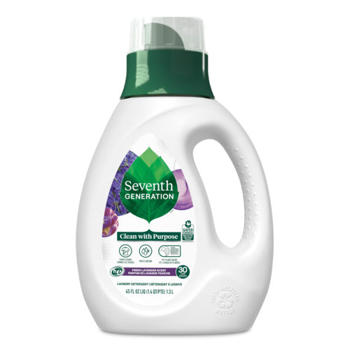 A 45 fl oz white bottle of Seventh Generation Liquid Laundry Detergent with a green cap and label, “Clean with Purpose” text, lavender and plant graphics; 2x Concentrate formula cleans 30 loads.