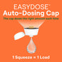 A white auto-dosing cap dispenses a single drop of Seventh Generation Ultra Concentrated Laundry Detergent, delivering the right amount every time—1 squeeze equals 1 load. The words EASYDOSE Auto-Dosing Cap appear on an orange background.