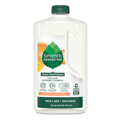 Seventh Generation Dish Soap Refill, Clean with Purpose, comes in a white 50 fl oz bottle with a green cap. Bright orange and citrus graphics decorate this non-toxic, dye-, fragrance-, and phosphate-free dish liquid.
