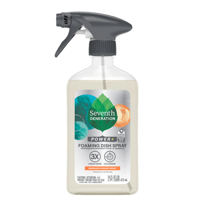 A clear spray bottle of Seventh Generation Foaming Dish Spray with a gray trigger and Mandarin Orange Scent features green and orange graphics on the front, showcasing grease fighters and thick foaming action for sparkling clean dishes.