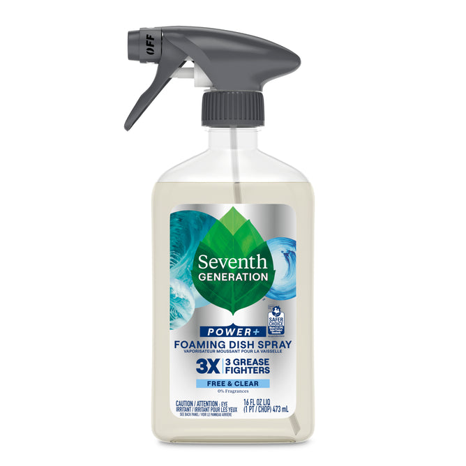 A clear spray bottle of Seventh Generation Foaming Dish Spray with 3X Grease Fighters, Free & Clear labeling, gray trigger nozzle, and eco-friendly design for a powerful clean.