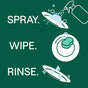 Illustration shows three steps to clean: spray Seventh Generation Foaming Dish Spray on a plate, wipe with a sponge, and rinse. Steps are labeled SPRAY, WIPE, RINSE for an easy and effective cleaning routine.