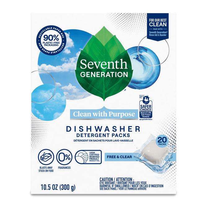 Seventh Generation Dishwasher Detergent Packs, Free & Clear, 20 count (10.5 oz), feature an enzyme-rich, fragrance-free formula. The eco-friendly packaging displays leaf and sky imagery and highlights environmental benefits on the front.
