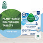 Box of Seventh Generation Dishwasher Detergent Packs, enzyme-rich plant-based formula, Free & Clear, Safer Choice certified; 20 tablets displayed on a green and blue background.