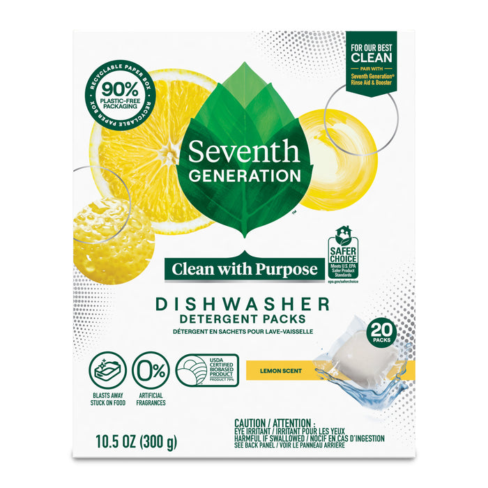 Seventh Generation Dishwasher Detergent Packs, lemon scent, come in packaging made with 90% plastic-free material. Each box contains 20 eco-friendly packs with a chlorine-free, enzyme-rich formula.