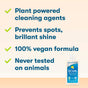 A bottle of ECOS Dishwasher Rinse Aid Lemon next to a list of benefits: plant-powered cleaning agents, prevents spots, 100% vegan formula, and never tested on animals.