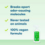 A bottle of ECOS Fabric Odor Eliminator next to a list of benefits: breaks apart odor-causing molecules, never tested on animals, and 100% vegan formula.