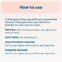 Instructions for using ECOS Liquid Laundry Detergent, including directions for pretreating stains, hand washing, and usage amounts for high-efficiency and standard washing machines.